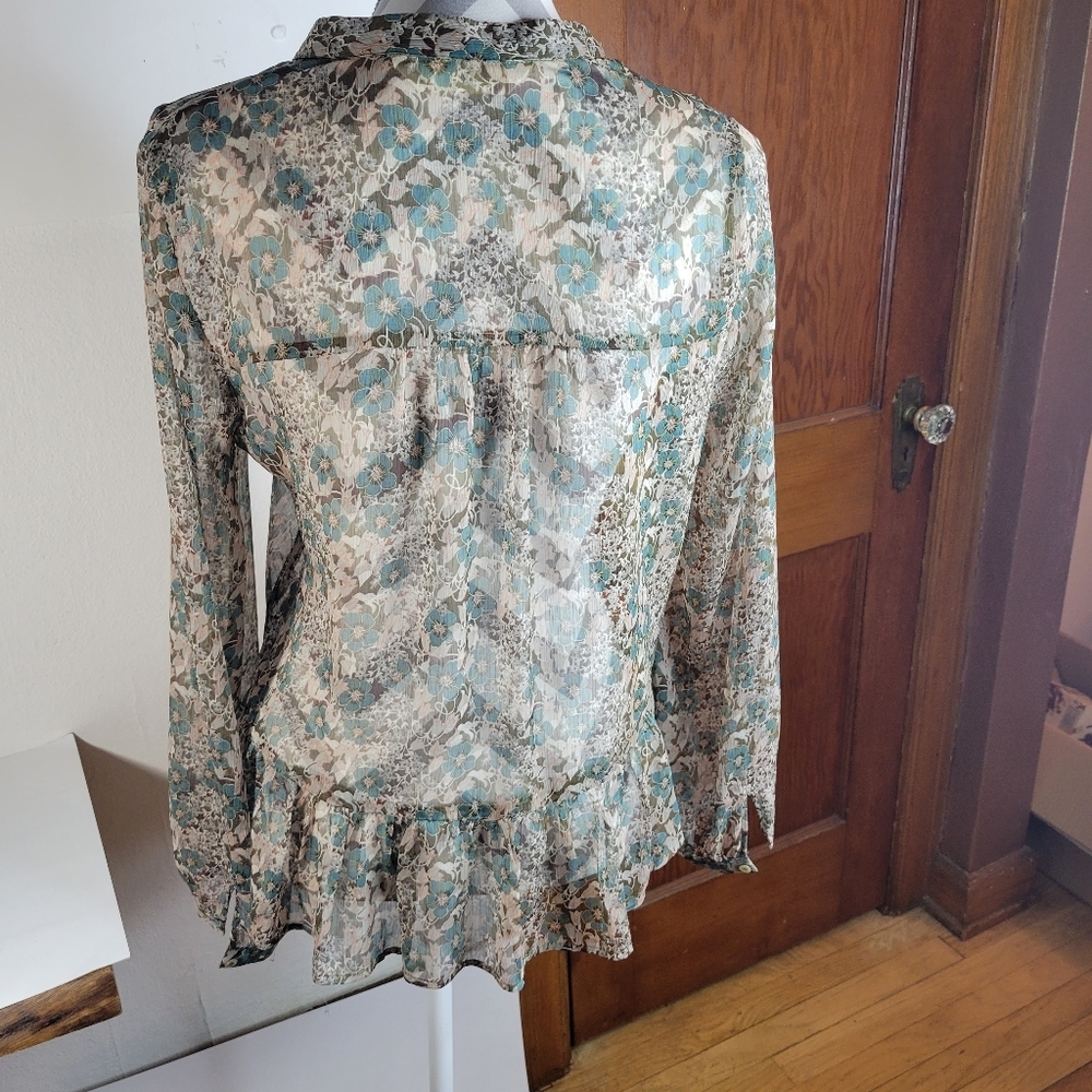 Zara Lace up Semi sheer Floral Long sleeve top Ruffled bottom Size Large - Picture 6 of 8